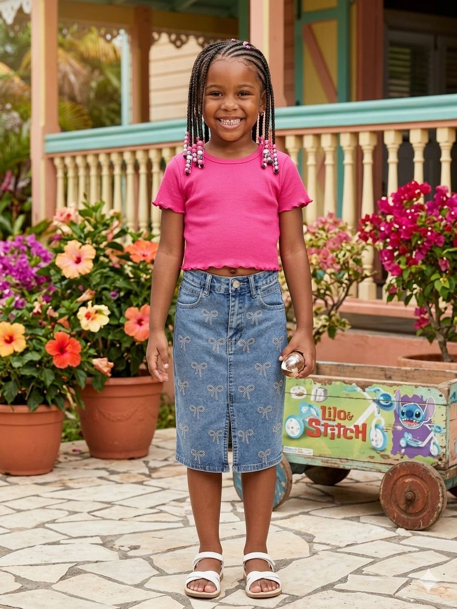 Jupe jeans strass nœud