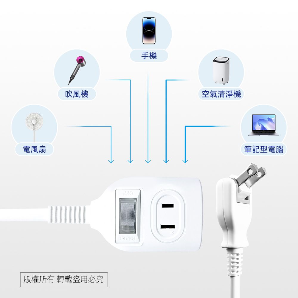 實用牌 1開2插9尺2P延長線 PNA212-9