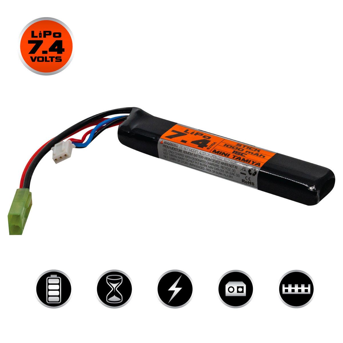 Valken Airsoft Battery - LiPo 7.4V 1000mAh 15C/ 30C Stick