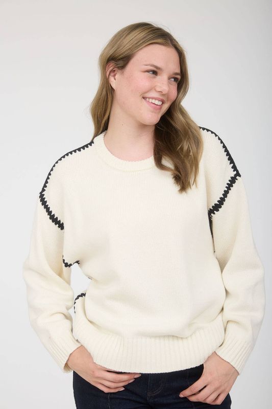 CONTRAST STITCH CREW NECK KNIT PULLOVER SWEATER