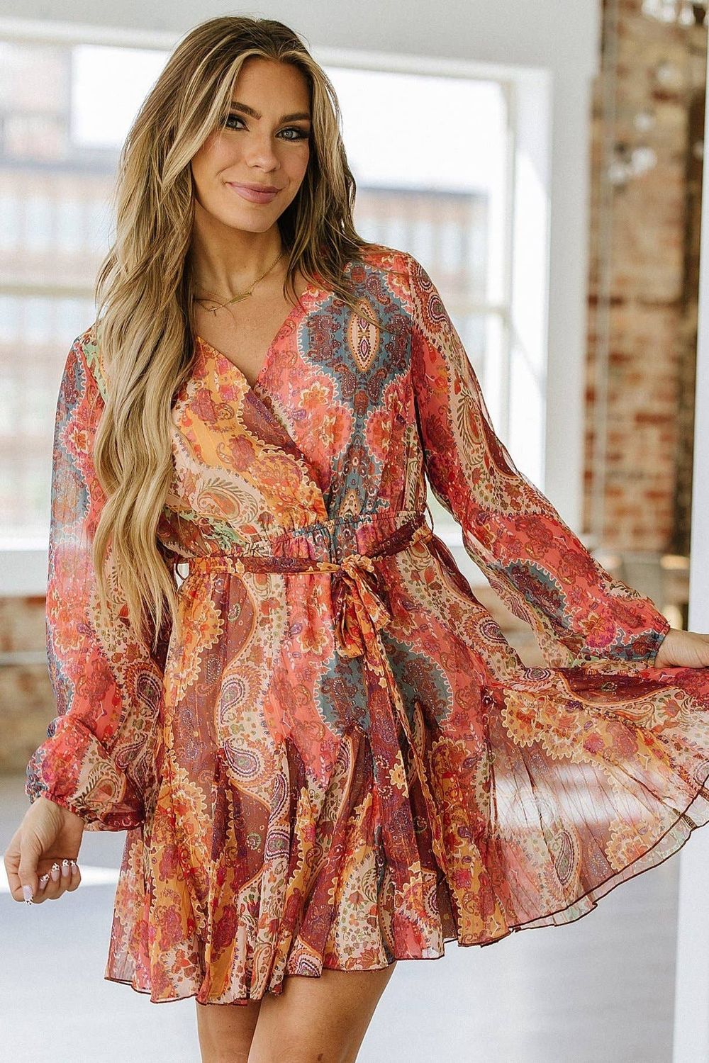Ola Boho Long Sleeve Mini Dress, Size: XL, Color: Orange