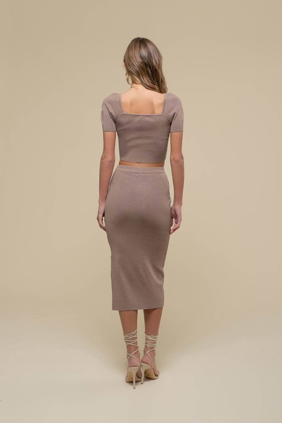 HIGH WAIST SIDE SLIT SWEATER KNIT MIDI SKIRT HIGH WAIST SIDE SLIT SWEATER KNIT MIDI SKIRT, Color: Tan, Size: L