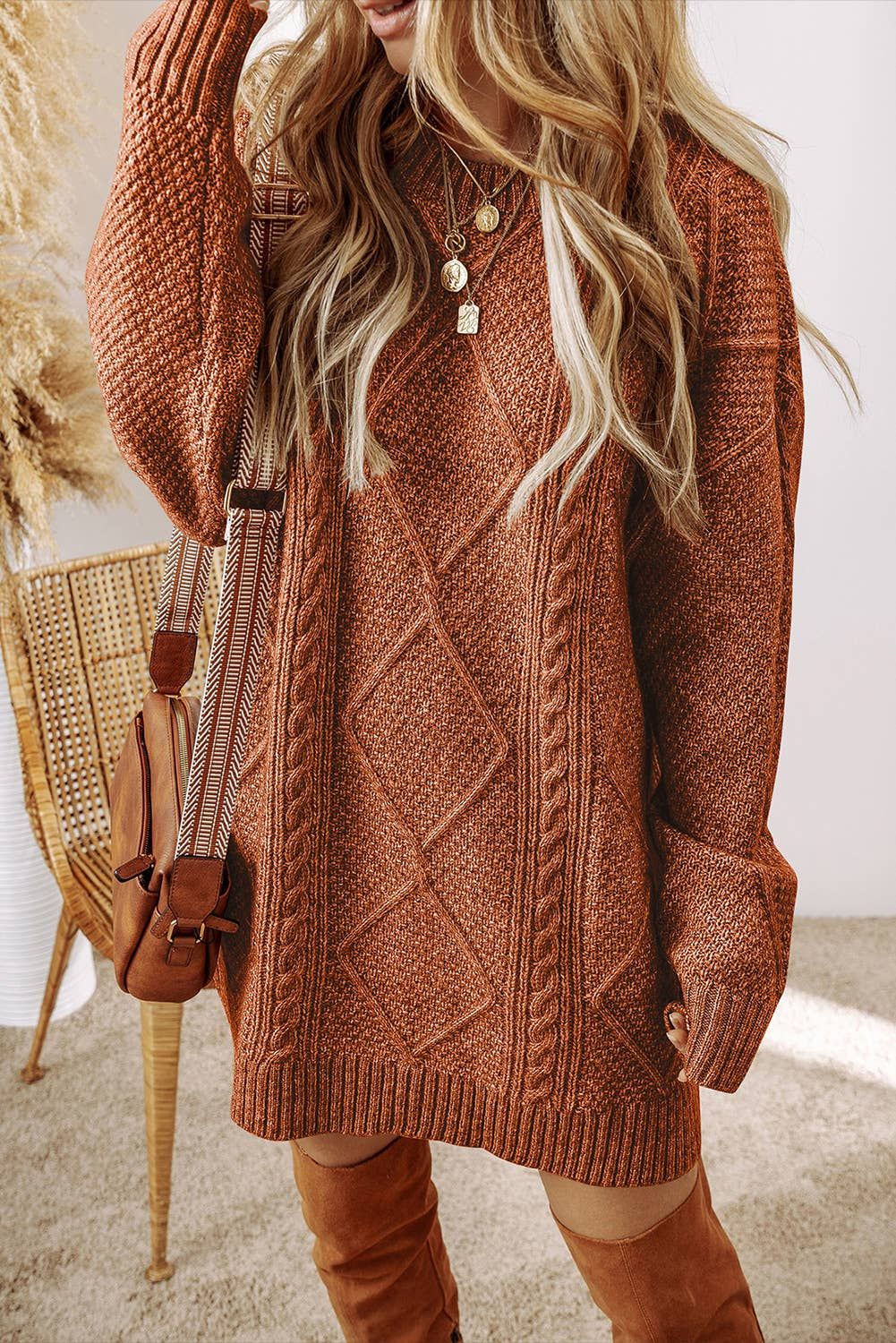 LDC Cable Knit Drop Shoulder Loose Fit Sweater Dress, Color: Coffee, Size: XL