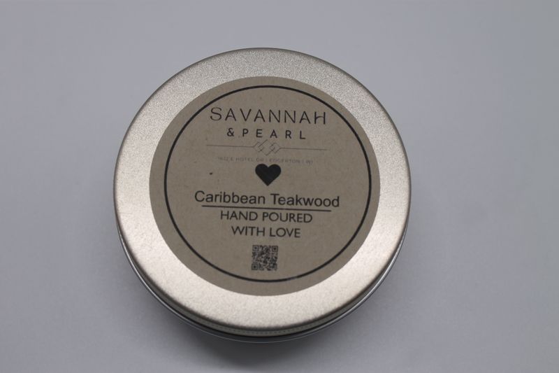 Hand Poured "Carribean Teakwood" Scented 6oz. Candle Tin