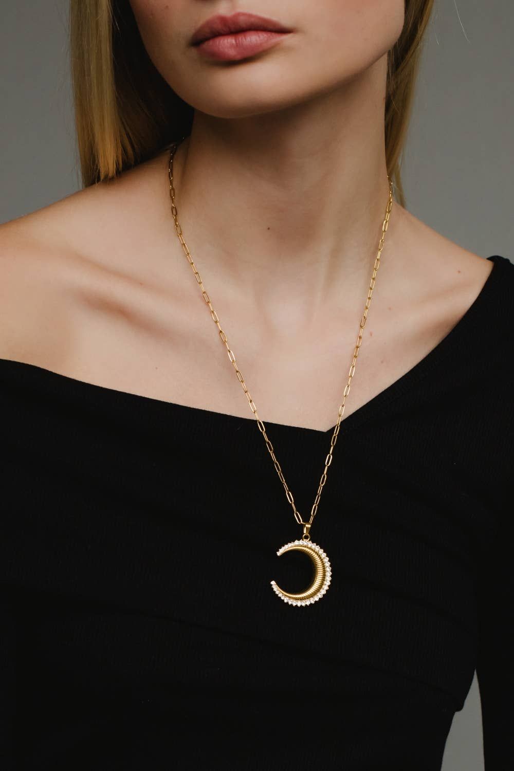 Luxe Gold Necklace with Rhinestone Moon Pendant