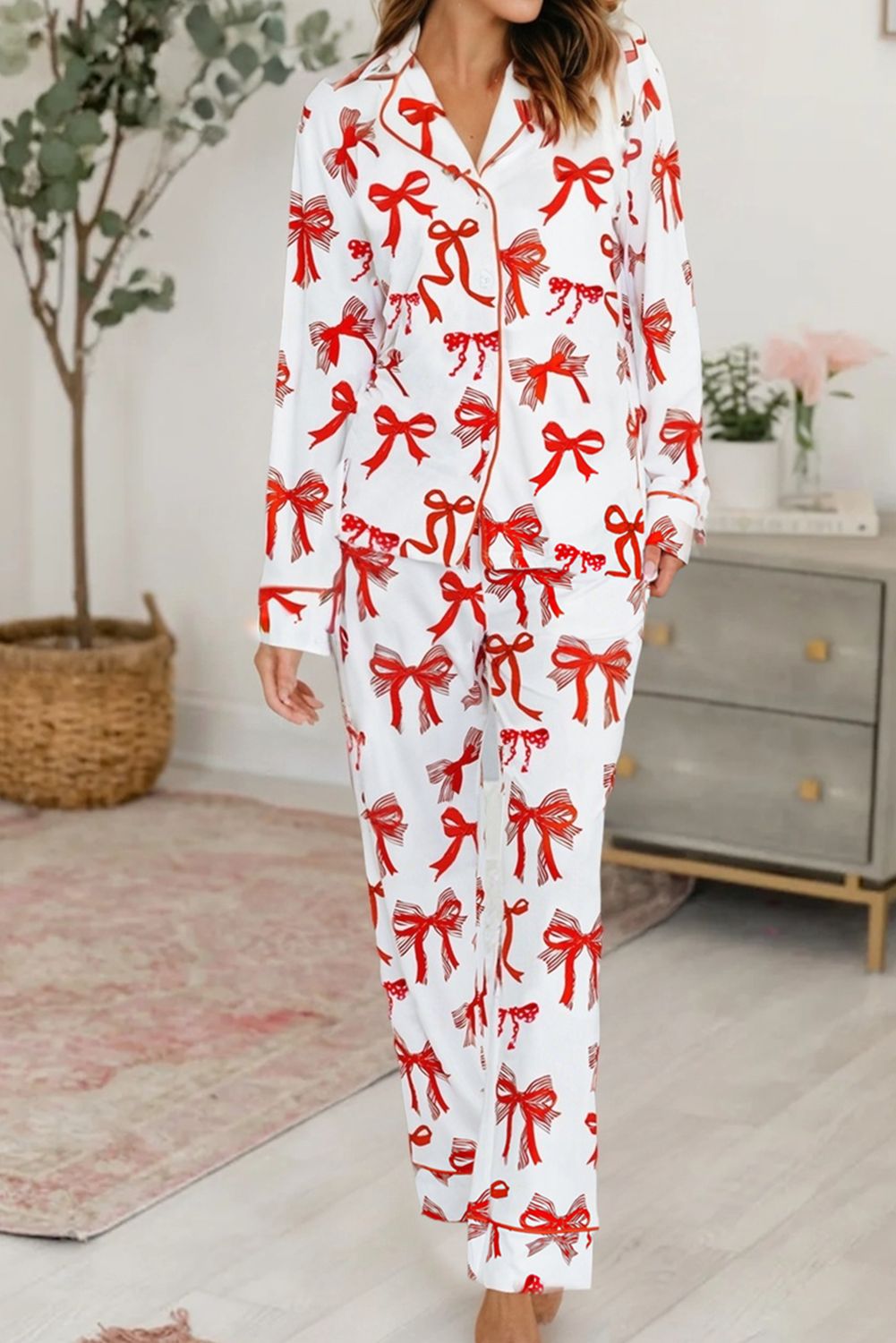 Christmas Bow Print Long 2pcs Pajama Set, Size: XL, Color: Red