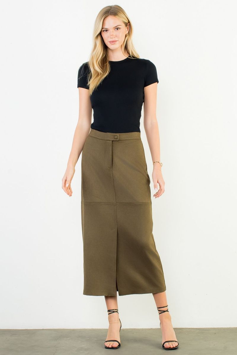 Suede Long Skirt, Olive, Size: L