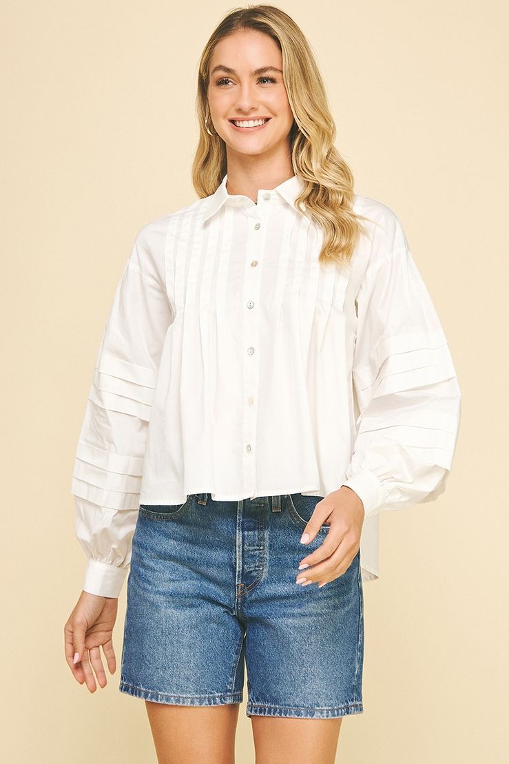 Pleated Button Down Shirt, Size: L