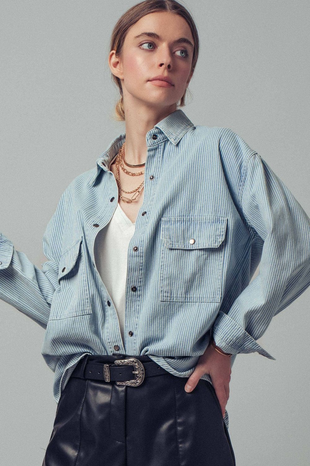 Oversized Pinstripe Button-Up Shirt, Color: BLUE STRIPE, Size: L