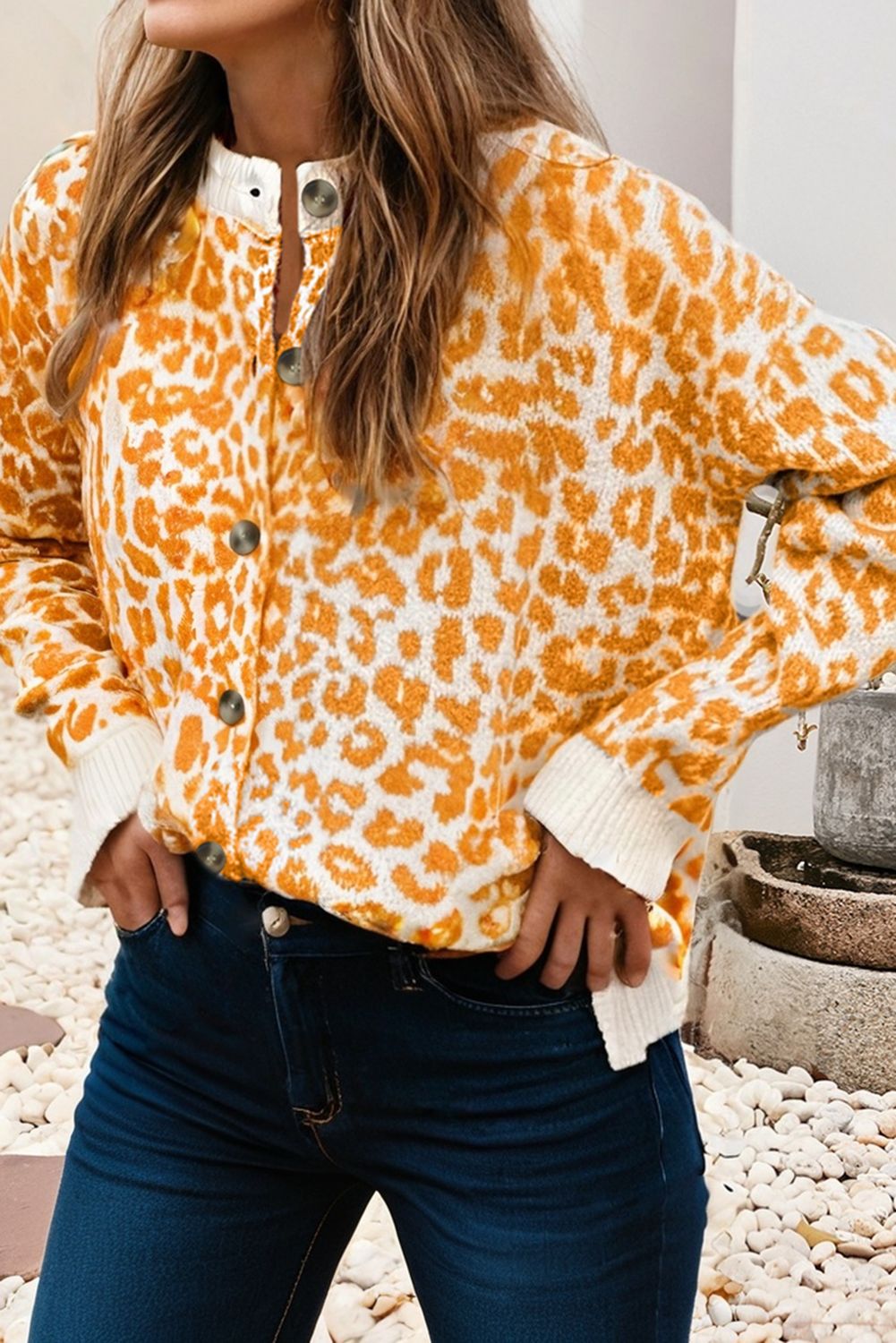LDC Leopard Drop Shoulder Chunky Knitted Cardigan Sweater, Color: Orange, Size: XL
