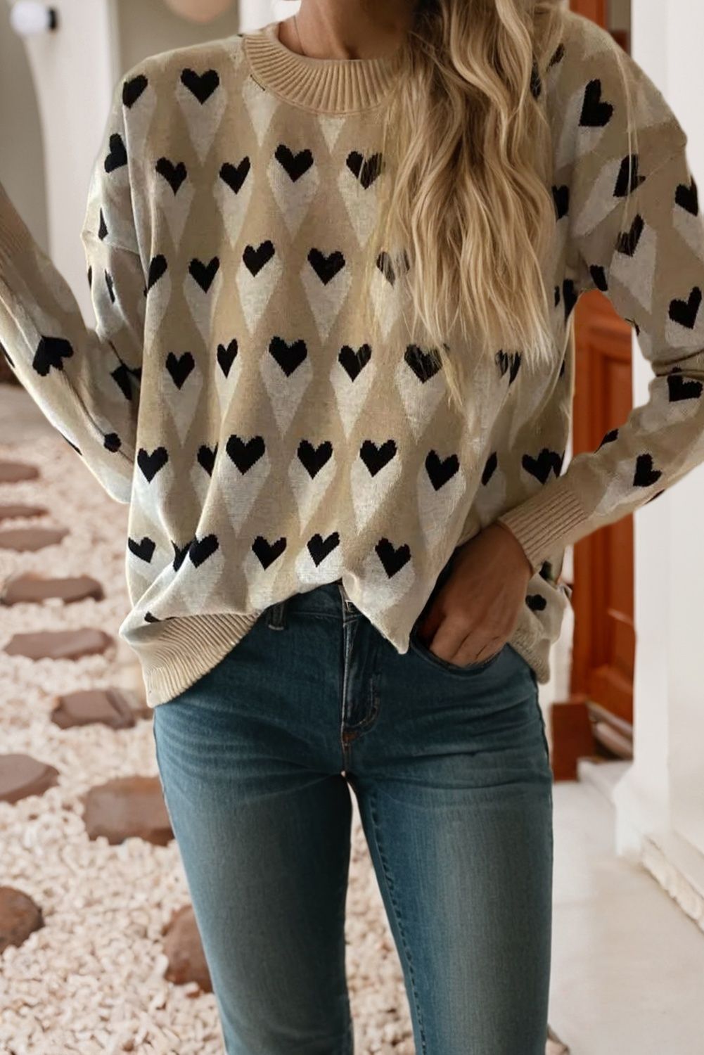 Geometric Heart Print Ribbed Trim Loose Sweater, Size: XL, Color: Parchment