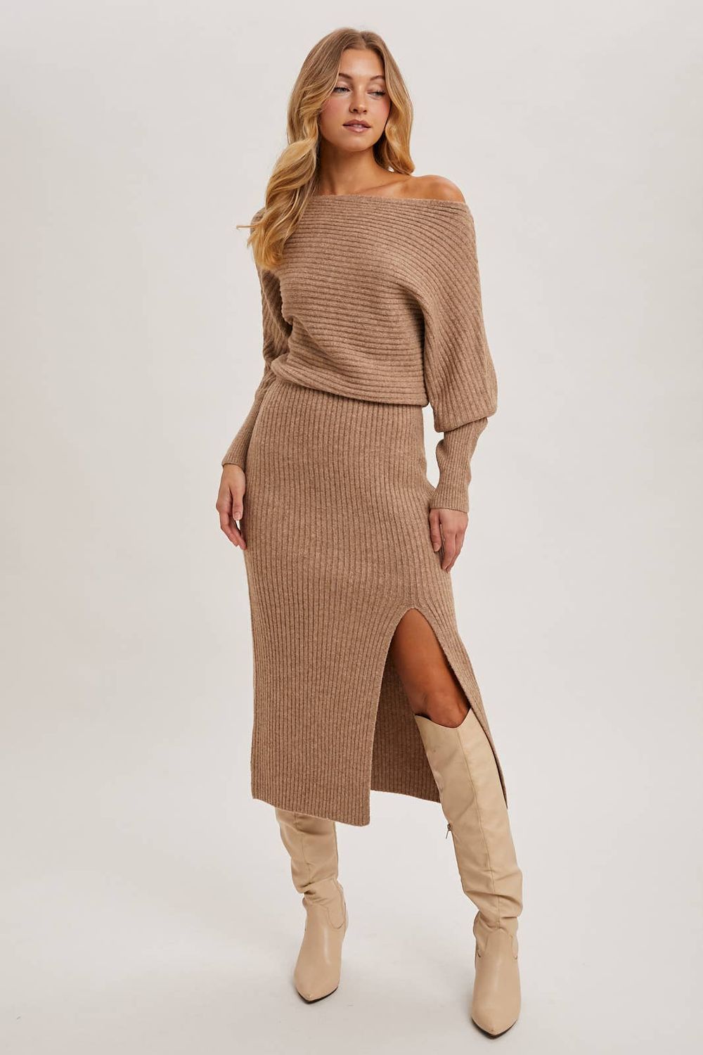 ONE SHOULDER OFF SIDE SLIT MIDI KNIT SWEATER DRESS, Size: L, Color: LATTE