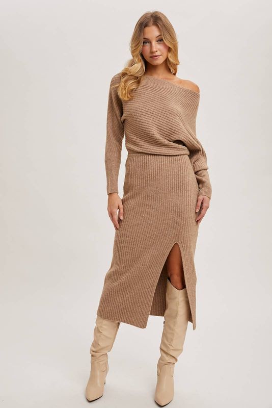 ONE SHOULDER OFF SIDE SLIT MIDI KNIT SWEATER DRESS