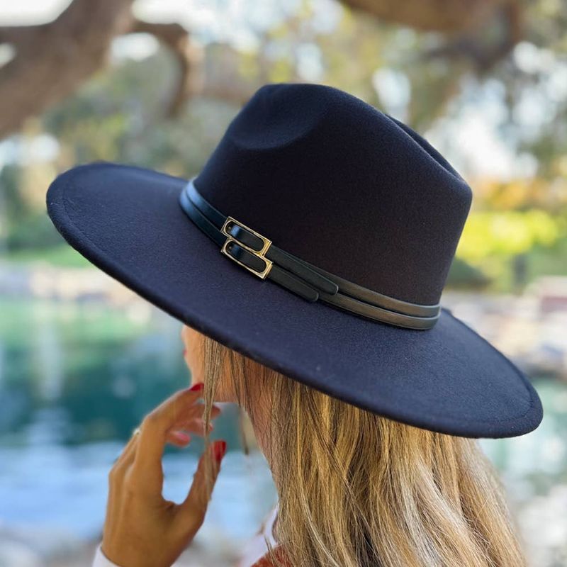 Sleek Black Fedora with Faux Leather Double Buckle Trim