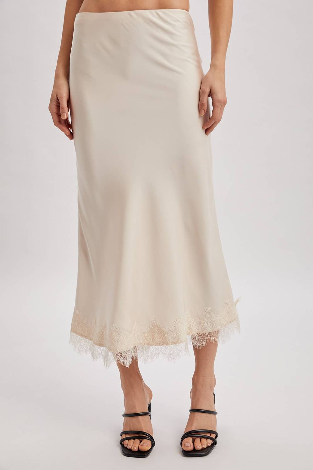 SATIN LACE TRIMMED MIDI SKIRT, Size: L, Color: SHELL