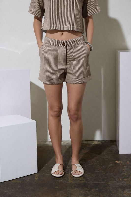 PINSTRIPE CUFFED MINI DENIM SHORTS