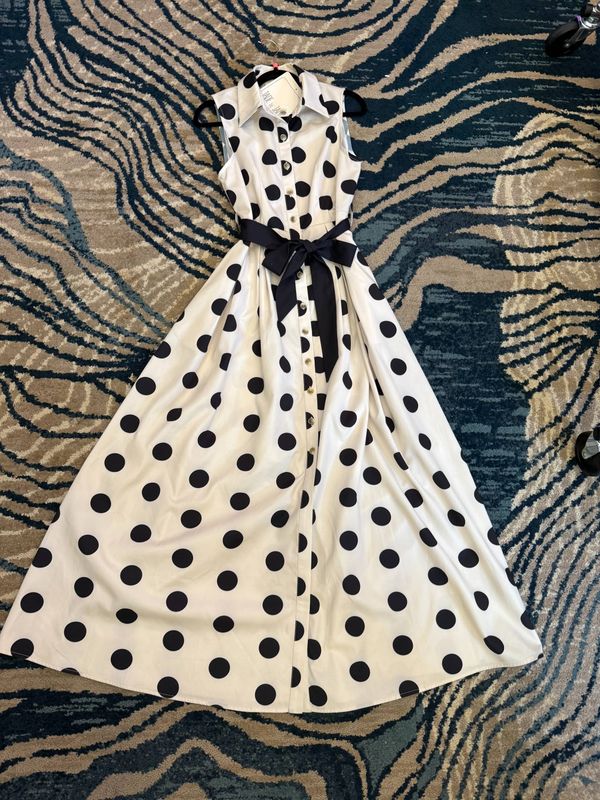 POLKA DOT BUTTON DOWN BELTED SLEEVELESS SHIRT DRESS