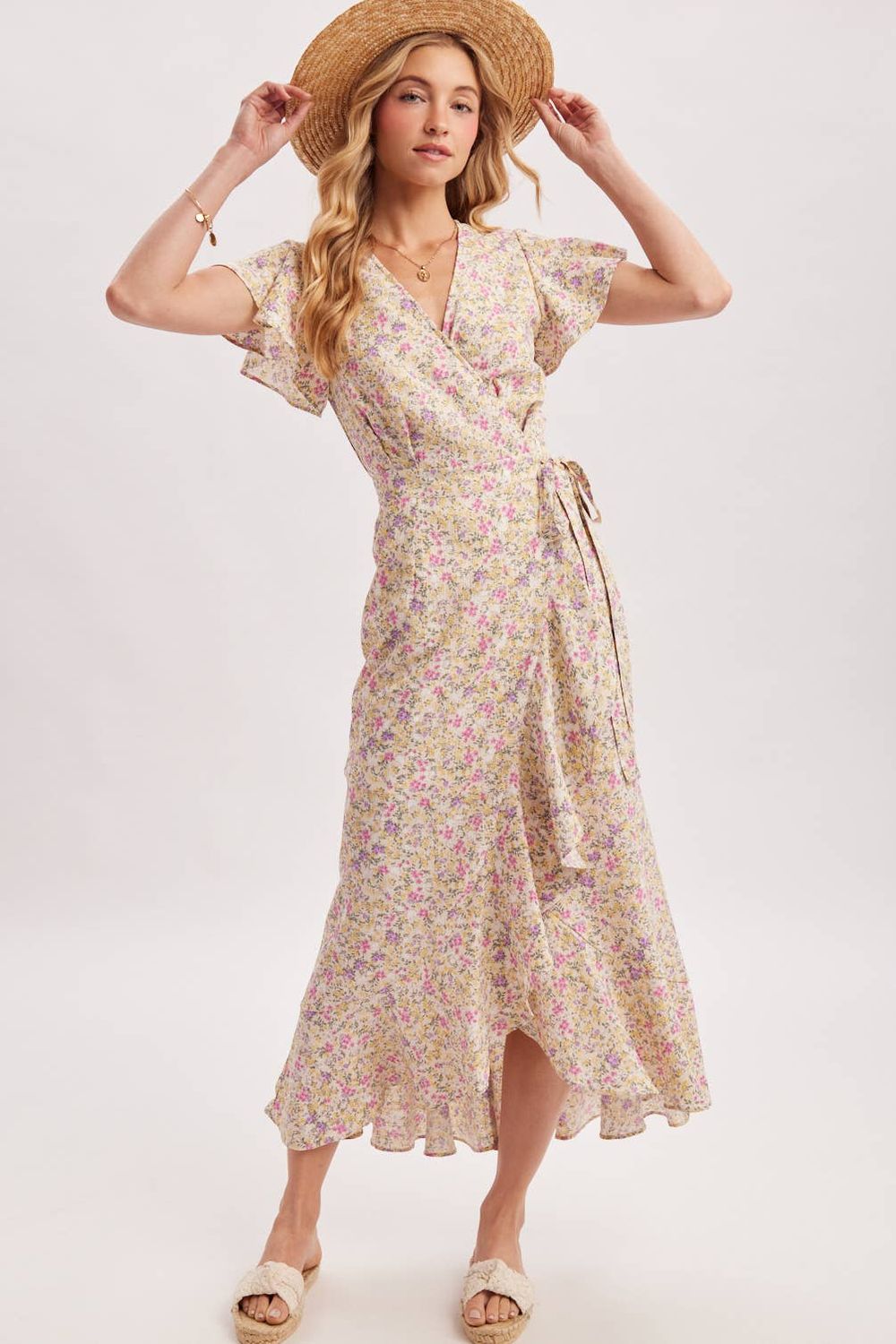 FLORAL PRINT RUFFLED HEM WRAP MAXI DRESS, Color: VANILLA, Size: L