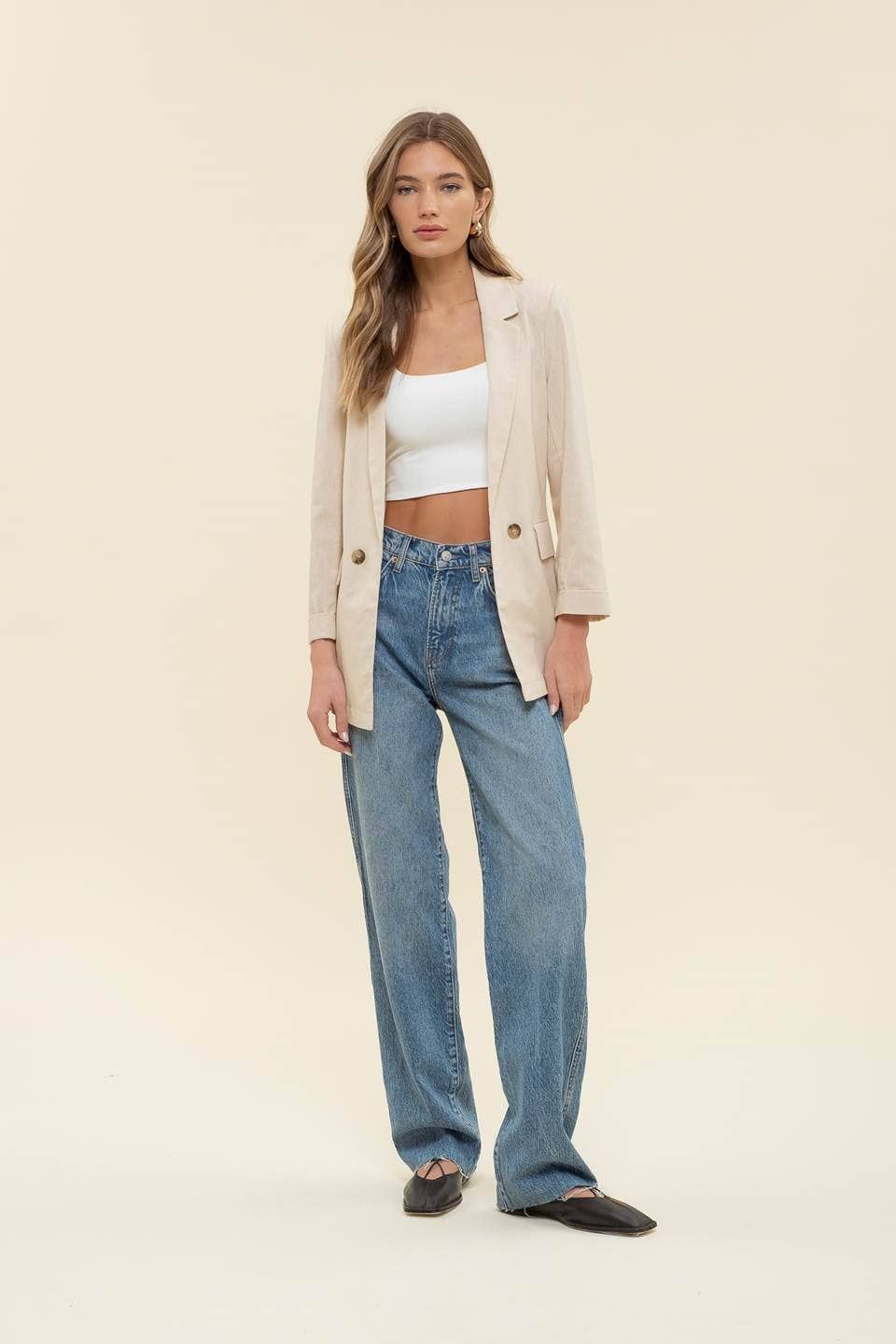 3/4 CUFF SLEEVE COLLARED BLAZER, Size: L