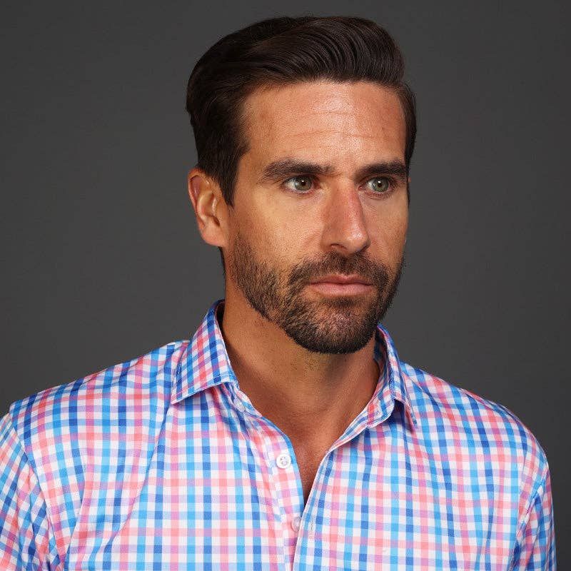 Semi-Spread Collar Polo Nantucket Blue and Pink Gingham, Size: L