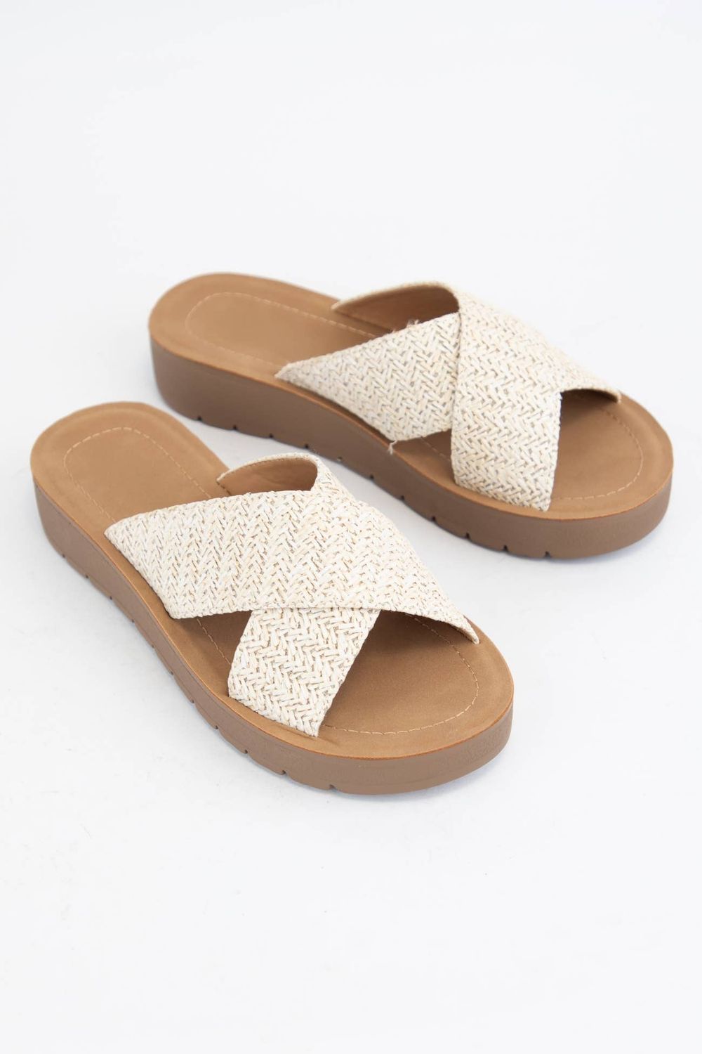 WOVEN RAFFIA CROSS STRAP COMFY SOLE SLIDE, Size: 9, Color: NUDE RAFFIA