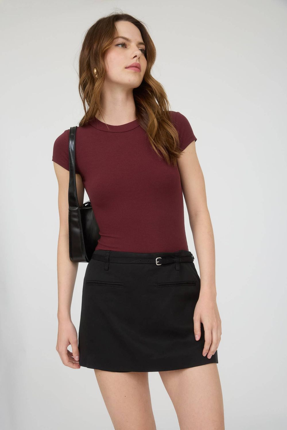 ROUND NECK SHORT SLEEVE KNIT BODYSUIT, Chocolate Brown, name: Medium