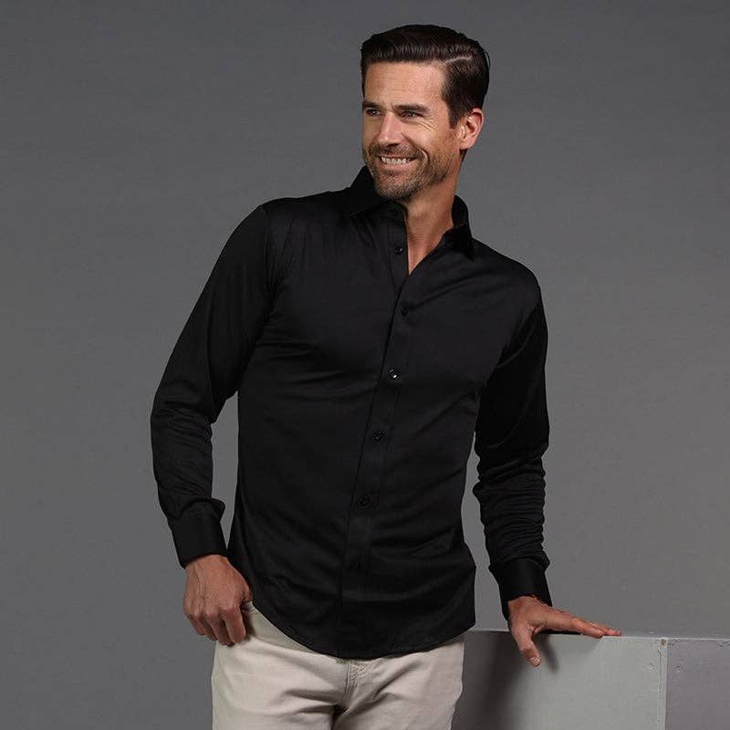 Quattro Flex Dress Shirt with Semi-Spread Collar Black, Size: XL