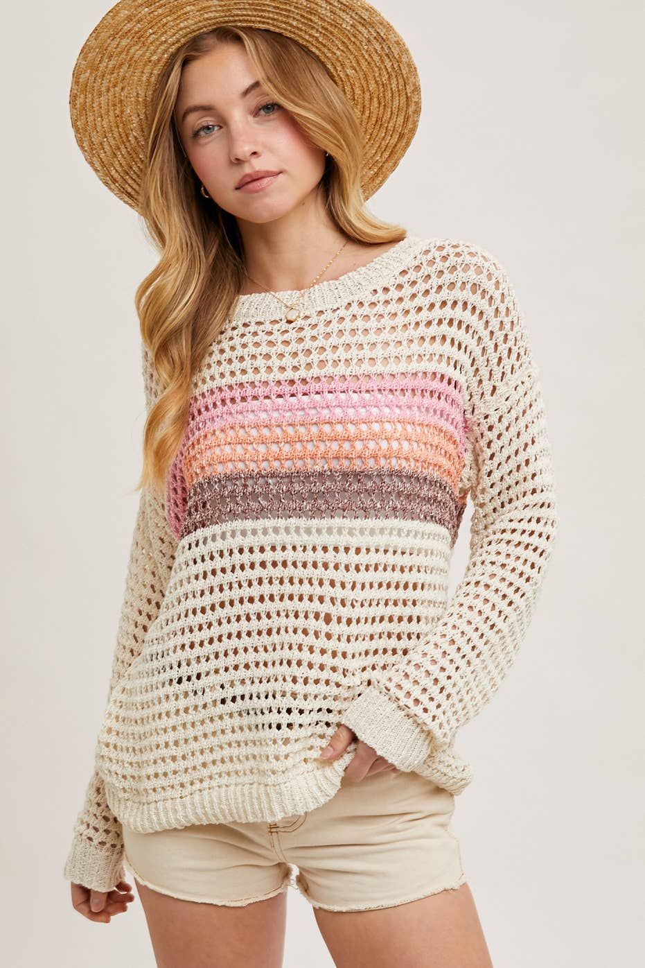 COLOR BLOCK OPEN KNIT SWEATER PULLOVER WITH NO LINIG, Color: Ivory, Size: L