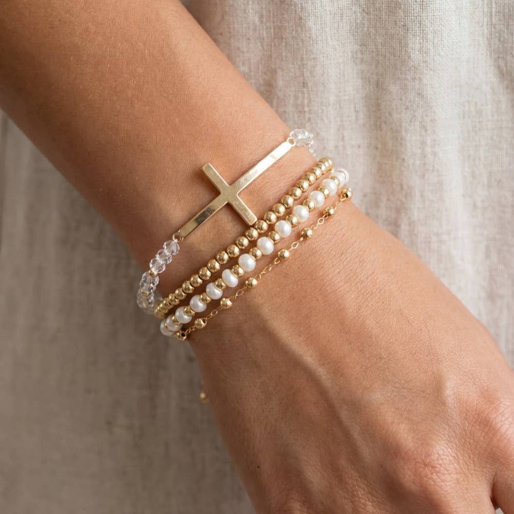 Cross Charm Pearl And Metallic Beaded Bracelet Cross Charm Pearl And Metallic Beaded Bracelet