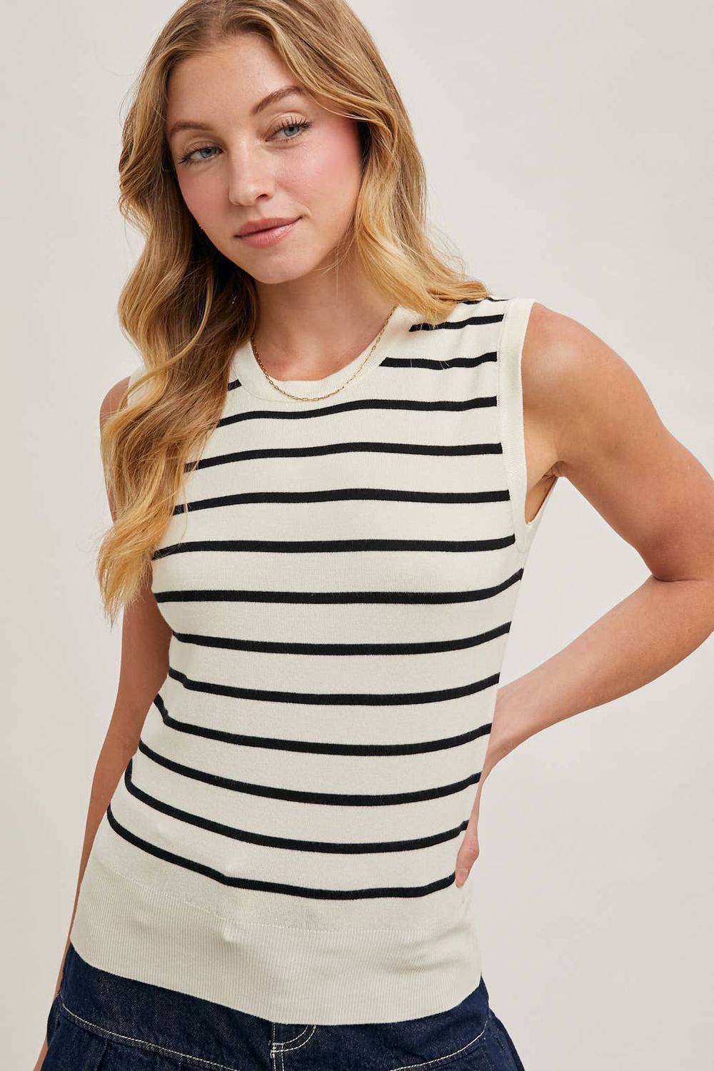 STRIPED MUSCLE KNIT TANK TOP STRIPED MUSCLE KNIT TANK TOP, Size: L, Color: BLACK STRIPE