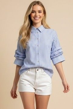 Ruched Sleeve Striped Button Down Shirt, name: Small