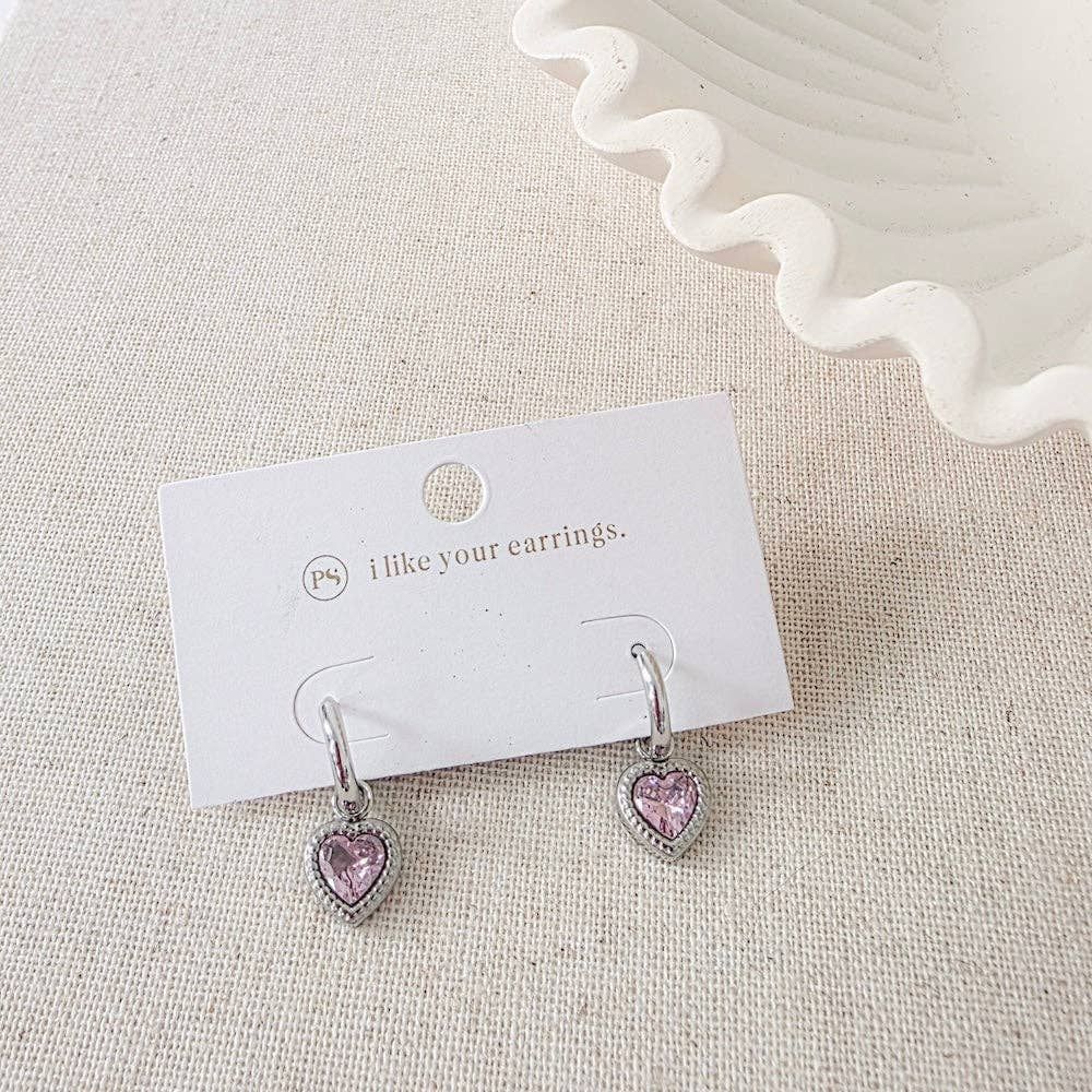 Aphrodite Heart Dangle Earrings - WATERPROOF Aphrodite Heart Dangle Earrings - WATERPROOF, Color: Silver/Pink