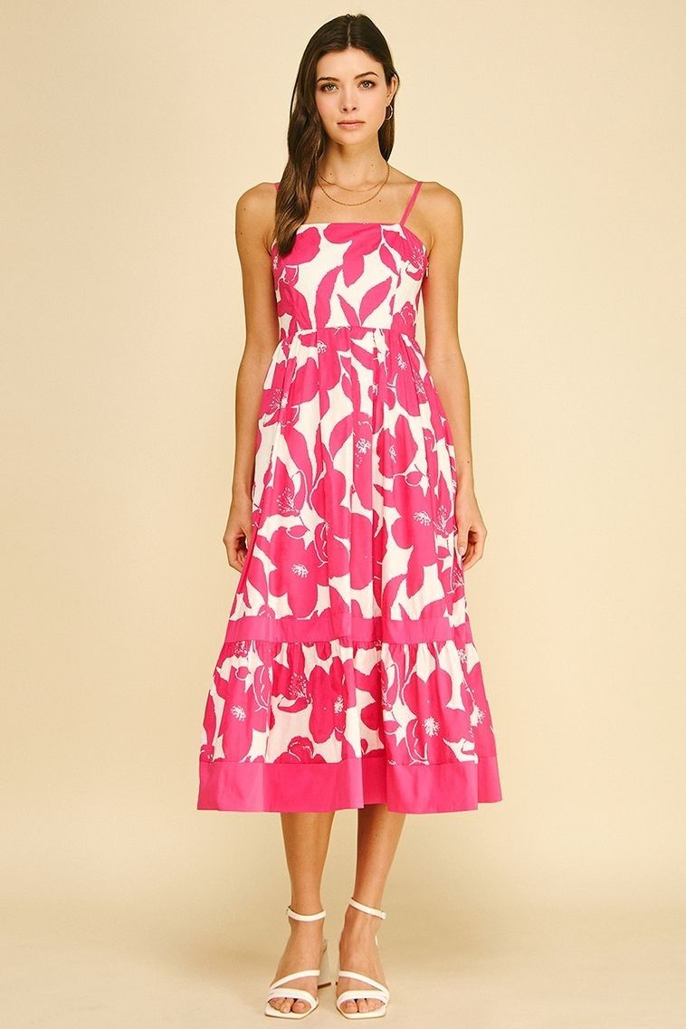 Bold Floral Tiered Midi Dress Bold Floral Tiered Midi Dress, name: Hot Pink, Small