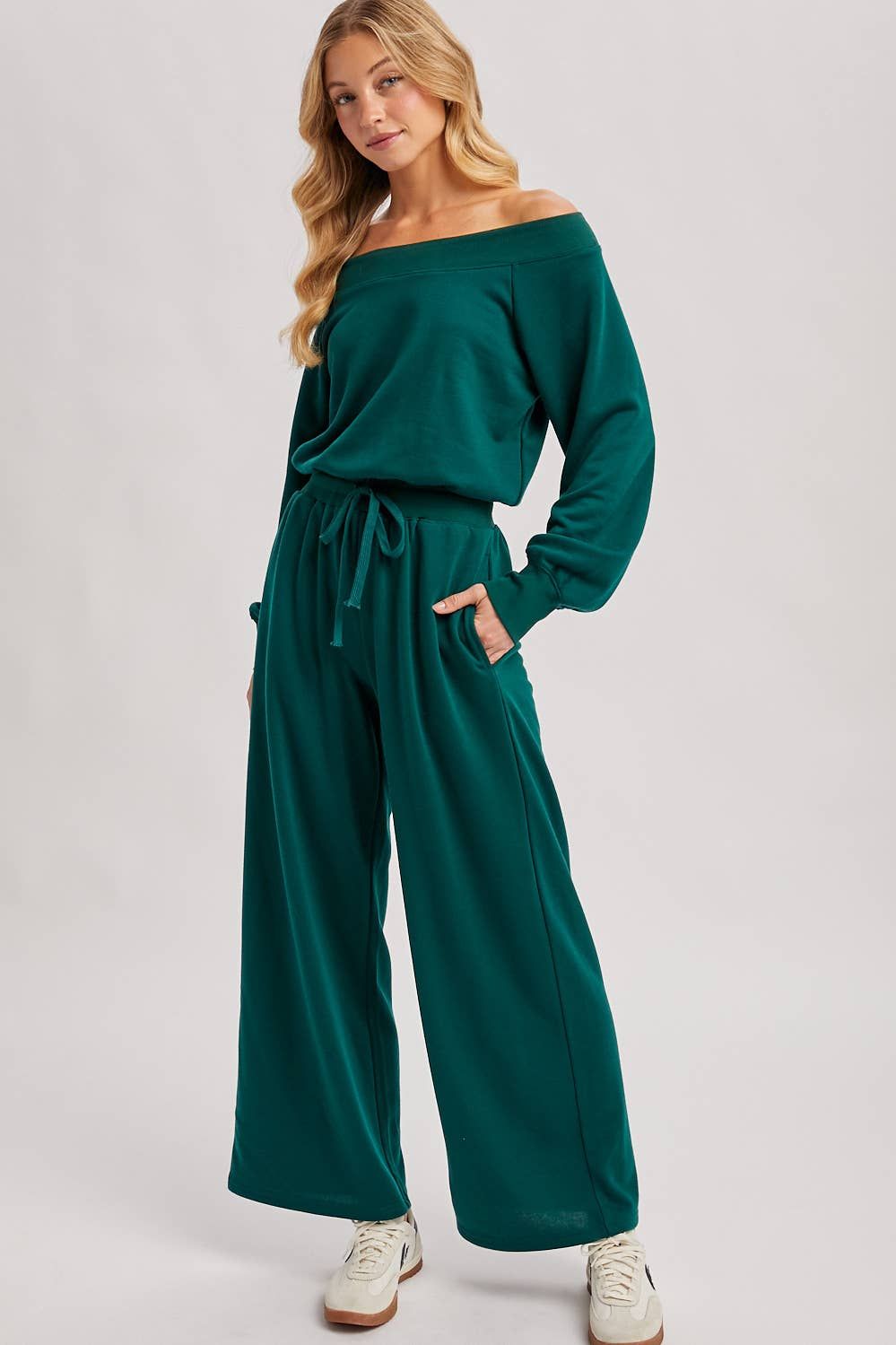 WIDE NECK OFF THE SHOULDER KNIT JUMPSUIT, Size: L, Color: HUNTER GREEN