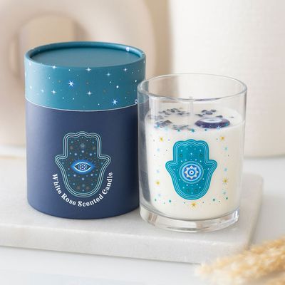 Hand of Hamsa White Rose Candle