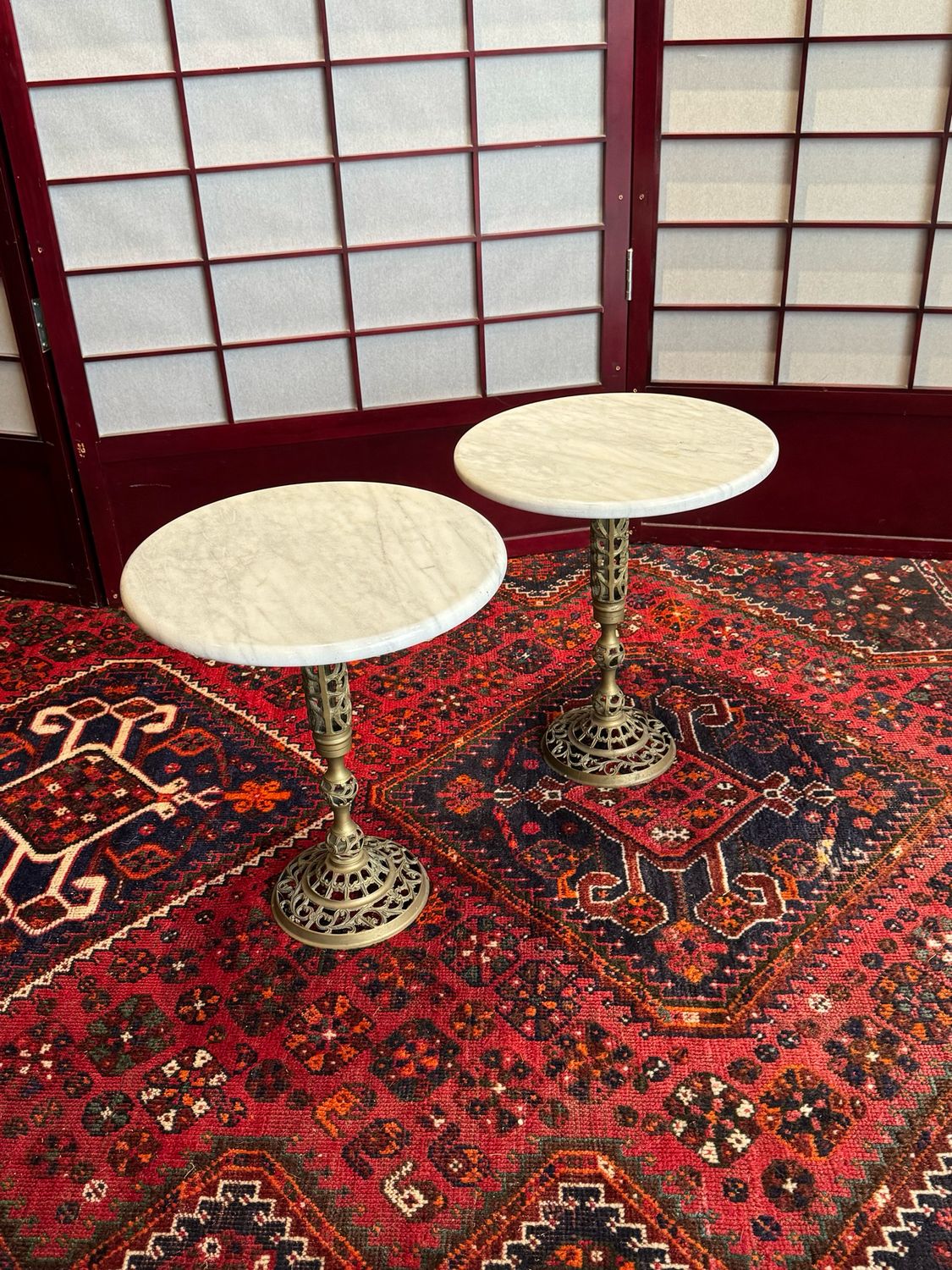 Marble &amp; Brass Round Side Tables, pair
