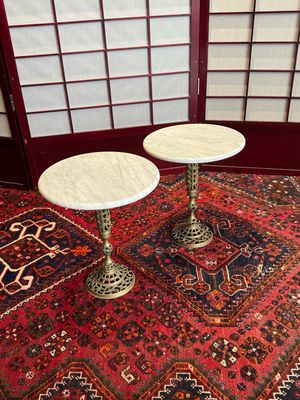 Marble & Brass Round Side Tables, pair
