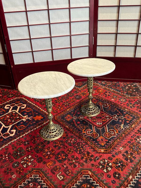 Marble &amp; Brass Round Side Tables, pair