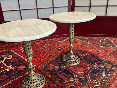 Marble &amp; Brass Round Side Tables, pair