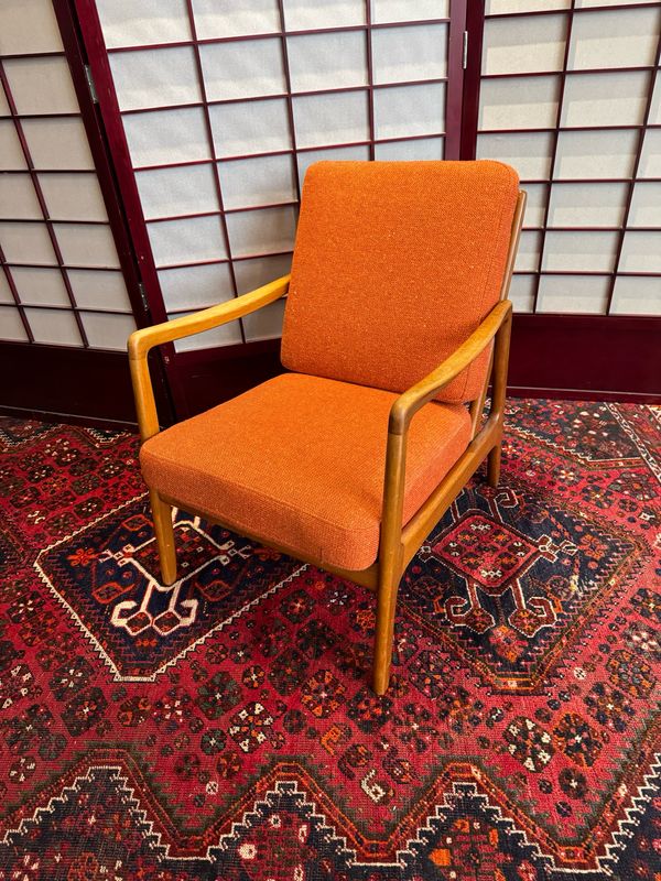 Danish Mid Century Armchair with Orange Upholstery, as-is