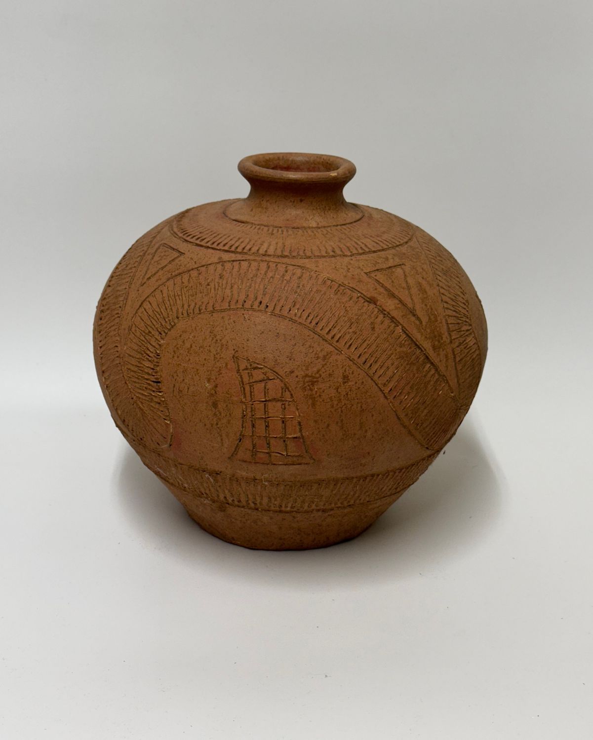 Oversized Terra Cotta Vase with Incised Pattern