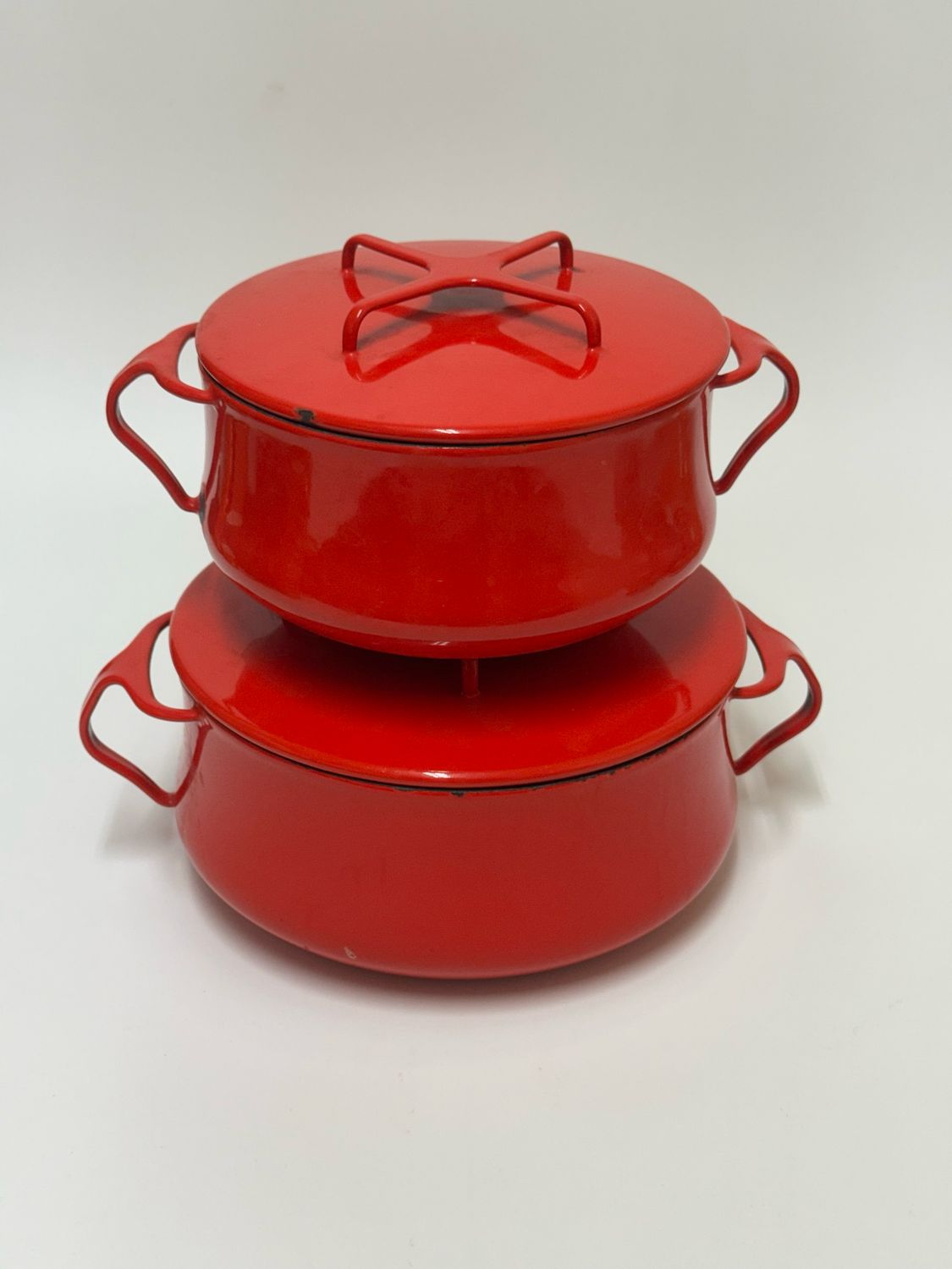 Dansk Enameled Pots in Red, pair