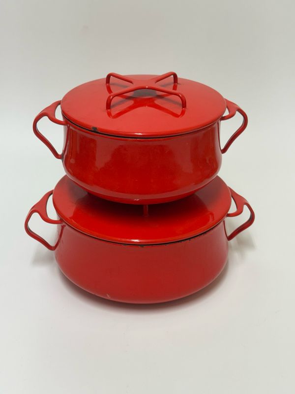 Dansk Enameled Pots in Red, pair