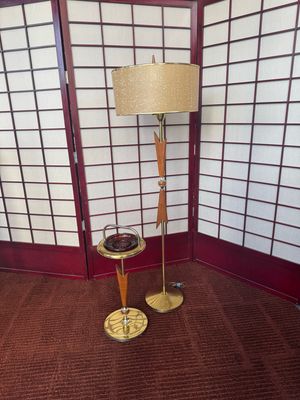 Mid Century Wood + Brass Floor Lamp &amp; Ashtray Stand