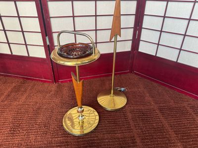 Mid Century Wood + Brass Floor Lamp &amp; Ashtray Stand