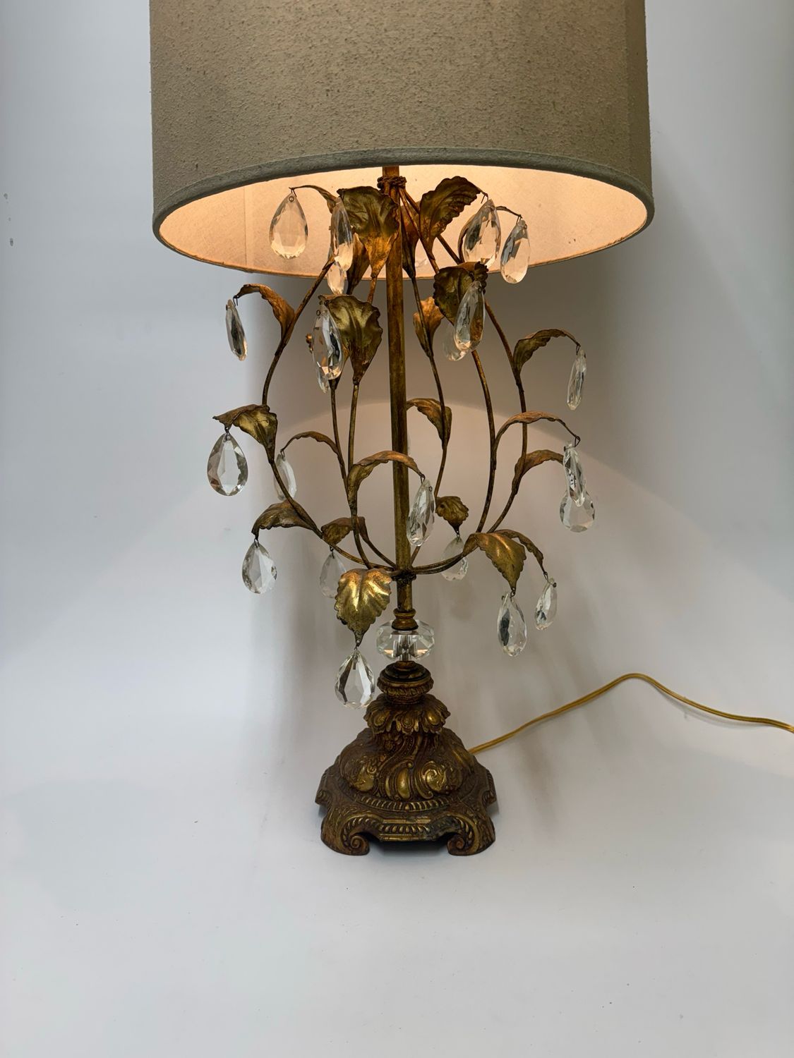 Hollywood Regency Gold Toned Hanging Crystal Table Lamp