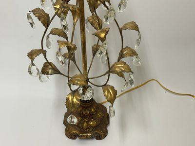 Hollywood Regency Gold Toned Hanging Crystal Table Lamp