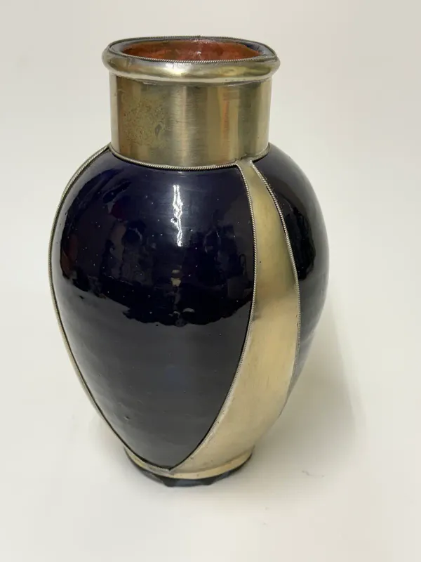 Art Deco Metal Banded Glazed Terracotta Vase
