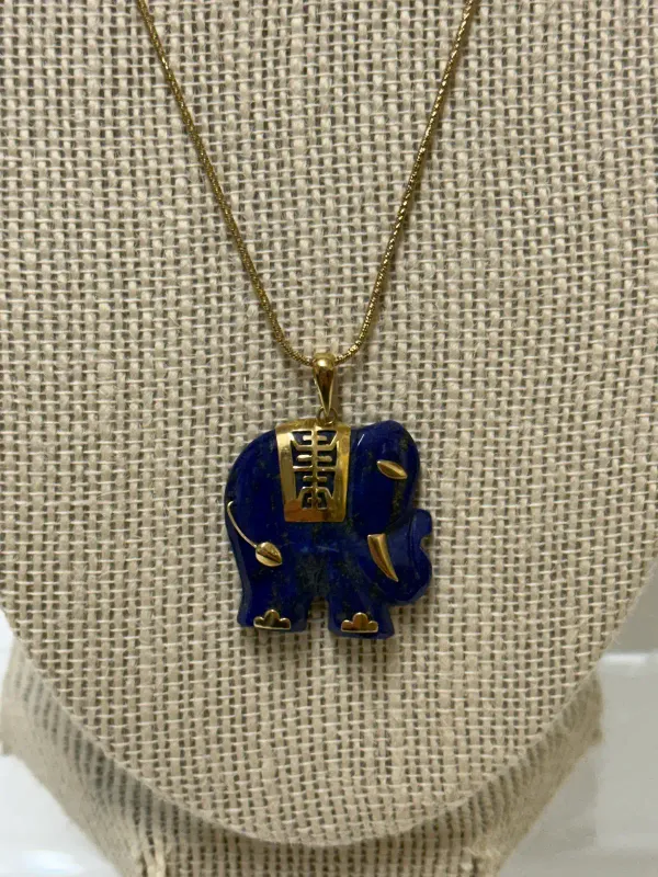 14K Lapis Lazuli Elephant Pendant Necklace