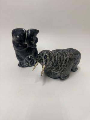 Inuit Style Soapstone Carved Animals, pair
